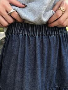 FRIFUL 女士时尚休闲长款牛仔裙 - 藍色 - 查看 4