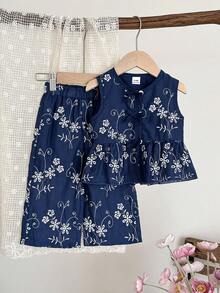 SHEIN Bộ 2 món cho bé gái, áo không tay và quần jacquard thêu hoa thời trang, thích hợp cho mùa xuân/hè, ở nhà, ngoài trời, đi nghỉ mát, dự tiệc và mặc hàng ngày. - Nhiều màu - Xem 3