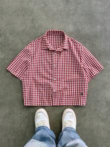 SWAVVY 1 Áo sơ mi nam Y2K vui nhộn, vừa vặn, phong cách cổ điển, dạo phố, kẻ caro cắt ngắn, mặc khi trở lại trường học, Halloween, đồ đôi - Đỏ - Xem 3