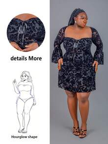 CurvyTilda Plus Size Women Sexy Sweetheart Neck Flare Sleeve Waist Cinched Floral Print Sheer Mesh Overlay Dress, Spring/Summer/Autumn,Valentine's Day, For Hourglass Body Shape - Black - View 2