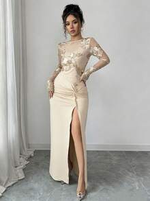 Rafferiza Women's Elegant Sexy Fitted Mesh Embroidered Patchwork High Slit Dress