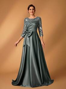 Serin Elegante y lujoso vestido de manga larga transparente con bordado de encaje floral, con perlas y lazo con diamantes, con vuelo. Adecuado para boda, fiesta, vacaciones, baile de graduación, vestido de noche para novia, madre de la novia - Verde - Ver 2