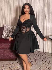 Slaydiva 2025 Herbst/Winter Neues elegantes & Party & Date & Abend & Abschluss & Hochzeit & Geburtstag & Valentinstag & Treffen & Junggesellinnenabschied sexy Mini-Kleid, figurbetontes einfarbiges Schwarz, tiefer V-Ausschnitt Langarm, transparente Spitze Patchwork Taille Krawatte, ausgestellter Saum, Große Größen - Schwarz - Übersicht 4