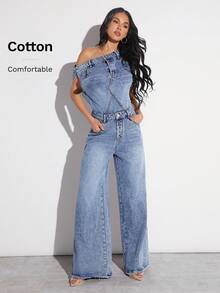 Denimoi Stacked Wide Leg Denim Jumpsuit - Light Wash - View 2