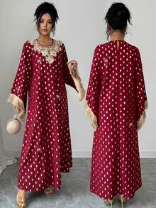 SHEIN Elenzya 女士优雅花卉流苏金属装饰连衣裙 - 紅色 - 查看 3