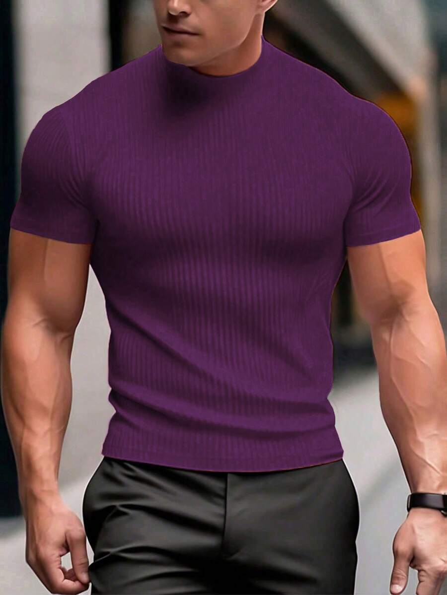 Manfinity Homme 男士纯色罗纹领休闲短袖T恤 - 中紫紅色 - 查看 1