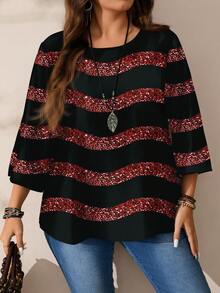 EMERY ROSE Plus Size Women Casual All-Over Print Round Neck Loose 3/4 Sleeve Shirt, Autumn/Winter Spring - Multicolor - View 6