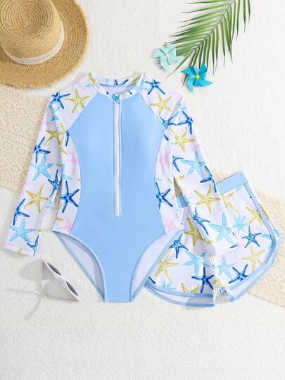 SHEIN 新款时尚女童拼接印花泳衣套装