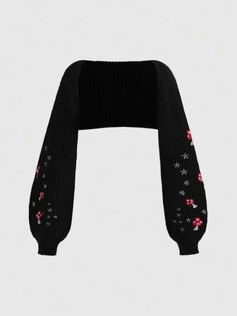 Fairycore Cárdigan corto de punto negro, chaqueta tipo chal con bordado de setas y estrellas en mangas abullonadas, top ajustado de diseño de nicho retro