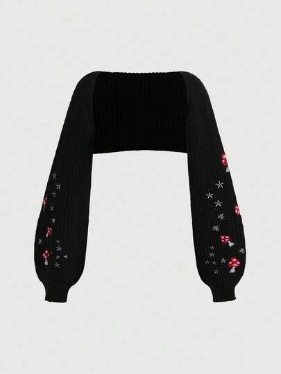 Fairycore Black Short Knit Cardigan, Mushroom & Star Embroidery Puff Sleeve Shawl Jacket, Retro Niche Design Slim Fit Top