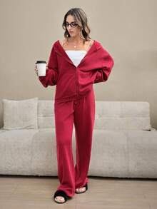 HautHeat 女士红色宽松纯棉休闲连帽拉链卫衣裤睡衣家居服套装，柔软舒适，适合居家、外出、街头风、圣诞节感恩节、秋季和冬季穿着。 - 酒紅色 - 查看 3