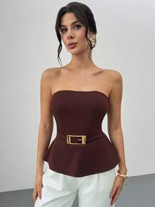 Firerie Áo kiểu nữ thanh lịch với khóa kim loại ở eo / Áo kiểu sang trọng / Áo kiểu cổ điển - màu nâu - Xem 6