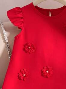 Elladie kids 1件女童夏季新款圆领A字短袖褶裥下摆花卉正面钥匙孔后背休闲复古日常连衣裙，红色 - 紅色 - 查看 6