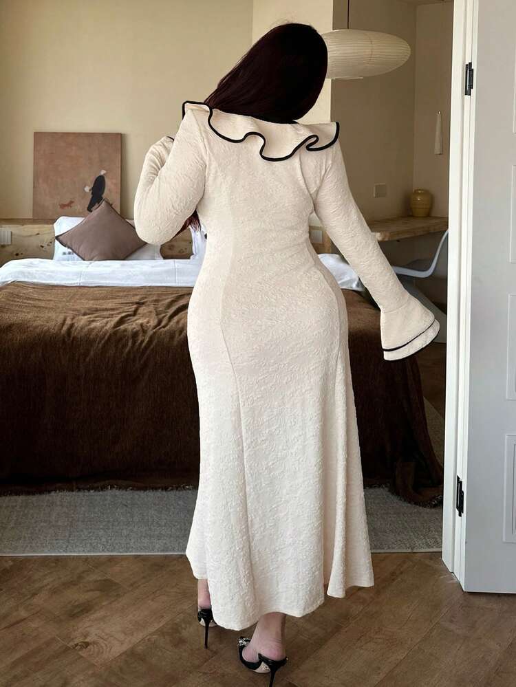 Dazy Plus Fashionable & Elegant Color Block Frill Trim Tie Waist Flare Sleeve Stretchy Bodycon Dress For Plus Size Women, Spring/Autumn Dress Sundress