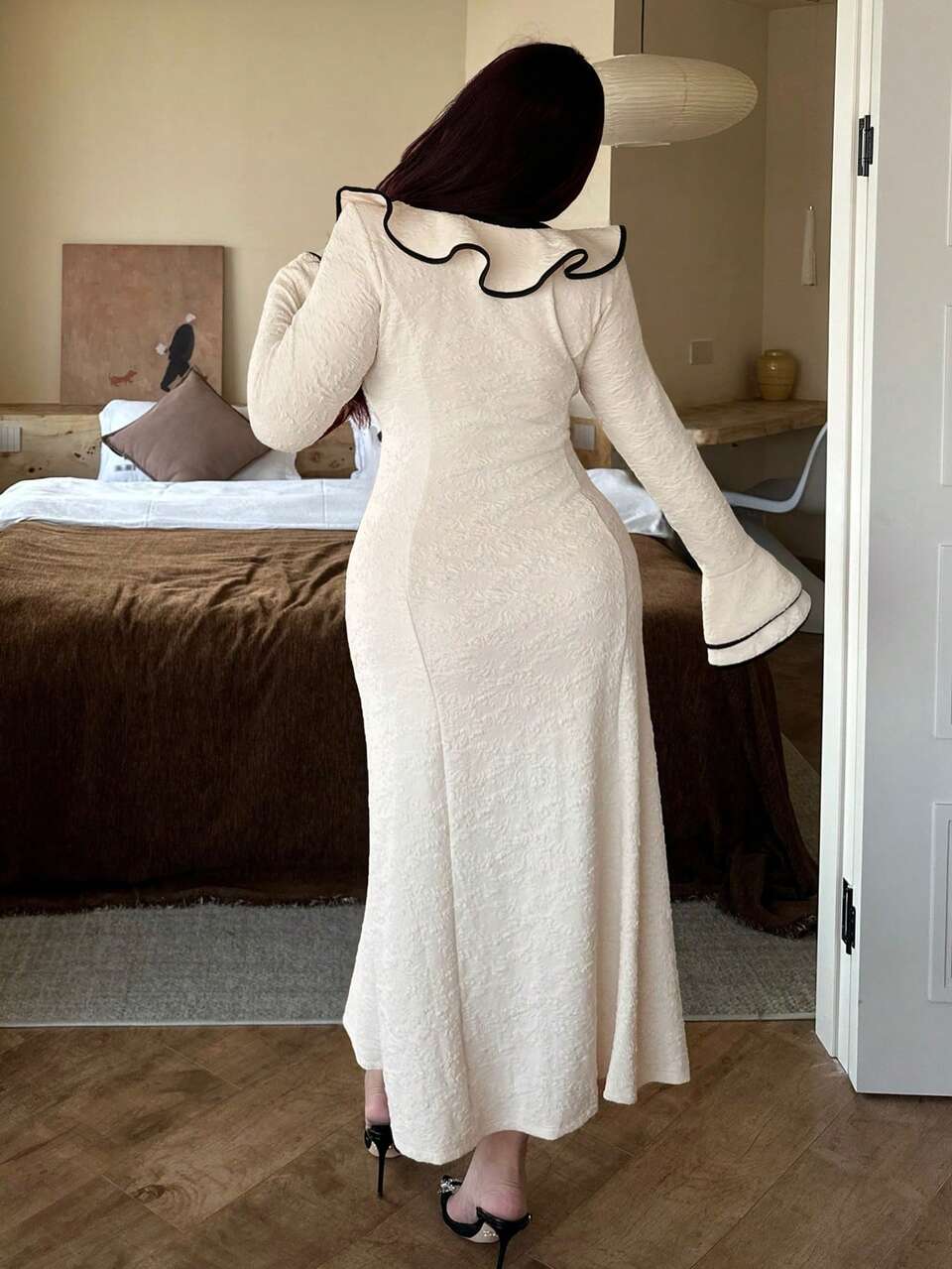 Dazy Plus Fashionable & Elegant Color Block Frill Trim Tie Waist Flare Sleeve Stretchy Bodycon Dress For Plus Size Women, Spring/Autumn Dress Sundress
