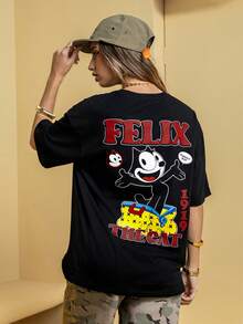 Felix The Cat X SHEIN Áo thun ngắn tay màu đen in chữ và hoạt hình dành cho nữ - màu đen - Xem 6