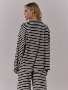 MUSERA 条纹落肩宽松长袖纽扣领上衣，可爱酷女孩舒适秋季日常清新女孩休闲田园风复古奶油糖色优雅Y2K春夏 - 黑與白 - 查看 2