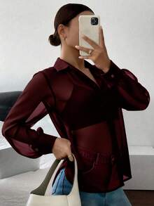 Siren Gaze 女士休闲性感透视长袖衬衫，适合春、夏、秋季穿着 - 酒紅色 - 查看 9