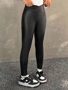 SHEIN Sleek Black PU Leggings For Young Girls Long Length Crossover Waistband - Black - View 2