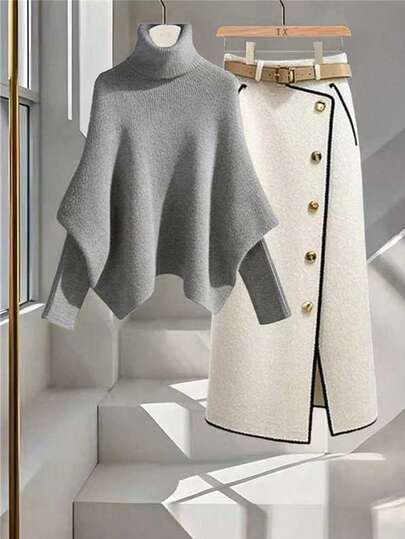 GlowEve Poncho ample à col montant asymétrique pour femmes, élégant bleu marine, manches chauve-souris, mode et polyvalent, automne/hiver