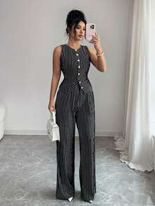 Selianne Bộ đồ hai mảnh thời trang màu trơn có họa tiết của Elenzga dành cho nữ, bao gồm áo tank top không tay cổ tròn cài nút ôm sát và quần ống đứng cạp cao dáng rộng, phong cách công sở thanh lịch. - Đen và trắng - Xem 6
