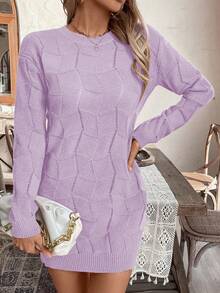 EMERY ROSE Women's Loose Casual Round Neck Drop Shoulder Long Sleeve Knitted Sweater Dress, Autumn/Winter - Lilac Purple - View 6