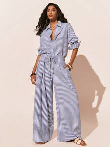 Poéselle 女士条纹印花纽扣前开襟休闲长袖衬衫，蓝白条纹纽扣衬衫，经典长袖混纺上衣，适合办公室和日常穿着 - 藍白色 - 查看 5