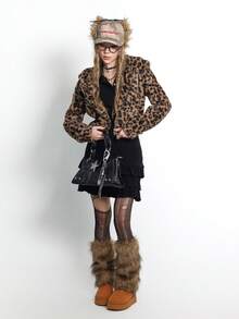 Bloopia Women's Casual Chic Street Leopard Print Zip-Up Hooded Cropped Faux Fur Jacket With 3D Ears, Autumn/Winter