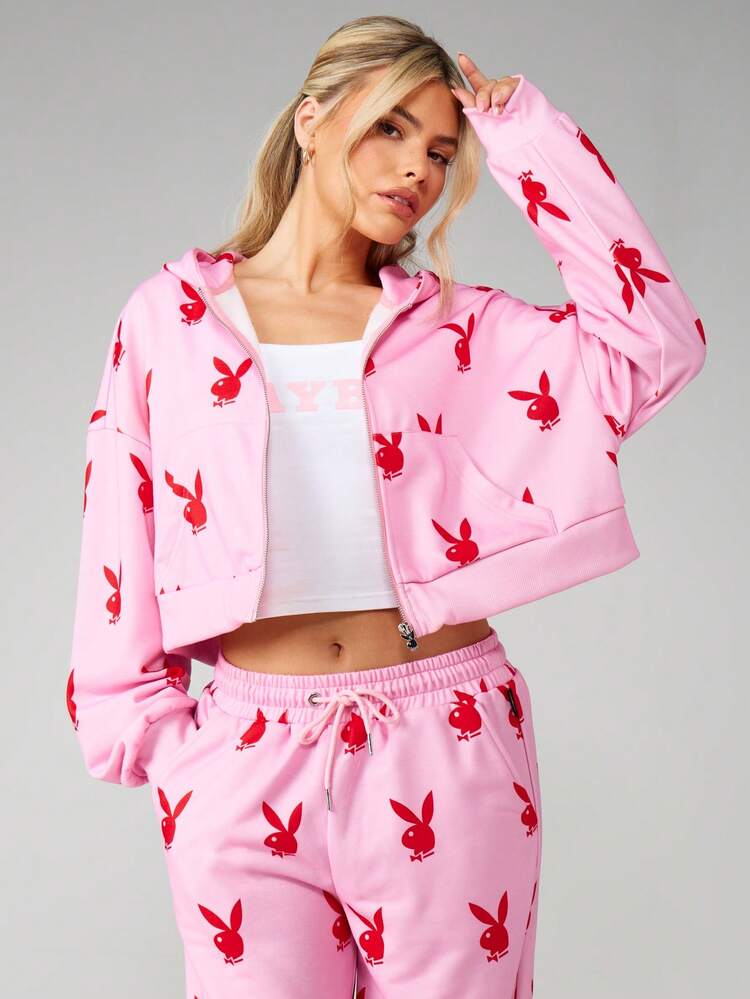 Missguided x Playboy Bunny Print Oversized Crop Hoodie With Drawstring Hood Long Sleeve Casual Streetwear Graphic Top