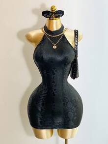 Mistrie 性感露背纯色修身无袖女式迷你连衣裙 - 黑色 - 查看 3