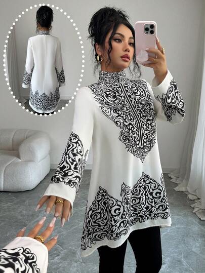 Elenzga Blusa de cuello alto de manga larga con contraste en blanco y negro, elegante para mujeres, adecuada para fiestas, Año Nuevo, Pascua, Día de San Valentín y uso casual en otoño/invierno