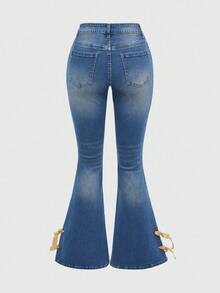 ROMWE Hippie Western Cowgirl Suede Patchwork Distressed Vintage Women Flare Jeans - Multicolor - View 2