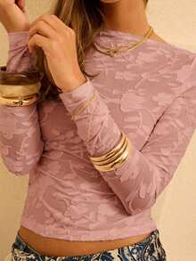 Aralina Camiseta Feminina de Manga Longa com Decote Barco e Recortes, Ajustada e na Moda - Rosa empoeirado - Visão 3