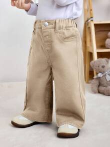 SHEIN Baby Girl Khaki Pocket Wide Leg Loose Casual Jeans - Khaki - View 6