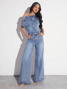 Denimoi Stacked Wide Leg Denim Jumpsuit - Light Wash - View 7