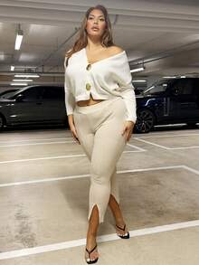 MelDlgn Plus Size Women Solid Color Split Hem Slim Fit Daily Office Pants - Apricot - View 4