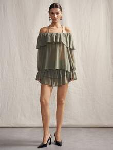 SHEIN ICON Vintage Sexy Off-Shoulder Chiffon Long Sleeve Top And Layered Cake Skirt 2-Piece Set For Women Golf Pastal Autumn - Dark Green - View 5