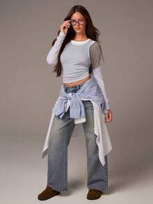 Athîral 女士休闲多色拼接叠层上衣，两件式设计，采用舒适柔软的针织面料，休闲百搭，蓝灰色叠层上衣，女士休闲上衣 - 彩色 - 查看 3