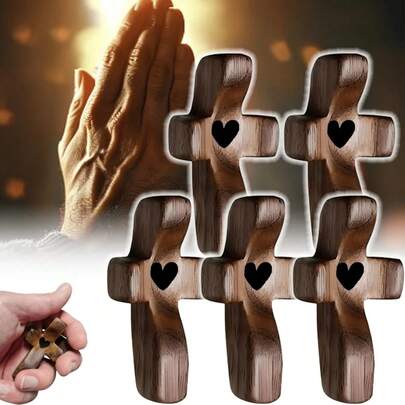 10 Pcs Cross My Heart, Encouragement Gift Small Wooden Cross Handheld Pocket Cross With Mesh Bag Fingertip Stress Relief Religious Gifts For Christians Prayer Church Gift