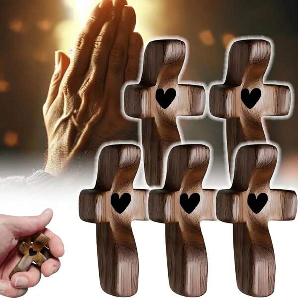 10 Pcs Cross My Heart, Encouragement Gift Small Wooden Cross Handheld Pocket Cross With Mesh Bag Fingertip Stress Relief Religious Gifts For Christians Prayer Church Gift