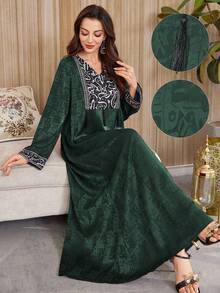 Al Najma Đầm dài tay dáng rộng cổ chữ V phối họa tiết thanh lịch dành cho nữ, kiểu Ả Rập, thích hợp cho mùa thu. - Màu xanh lá cây đậm - Xem 1
