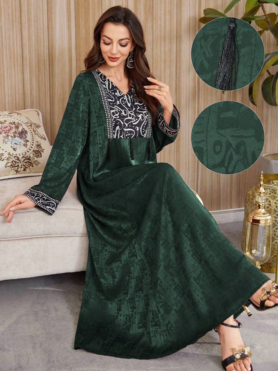 Al Najma Đầm dài tay dáng rộng cổ chữ V phối họa tiết thanh lịch dành cho nữ, kiểu Ả Rập, thích hợp cho mùa thu. - Màu xanh lá cây đậm - Xem 1
