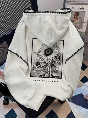Resyla Sudaderas para mujer talla grande / Sudaderas casuales de moda con estilo retro / Estampado de letras de crisantemo / Sudaderas de moda casual y sencilla / Tops de moda / Sudaderas divertidas / Sudaderas holgadas de cuello redondo de talla grande para otoño/invierno / Pulóveres de primavera para mujer, sudaderas con capucha con contraste de encaje, tops de manga larga, sudaderas de vuelta al colegio para otoño/invierno