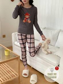 2pcs/Set Young Women Cartoon Bear Print Long Sleeve Top And Plaid Pants Casual Comfortable Homewear Set Snug Fit Pajamas Women Set Tight Fit Pajamas Plaid Pajama Set Bear Print Pajamas Long Sleeve Pajama - Multicolor - View 5