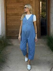 SHEIN Maternity Casual Sleeveless Denim Jumpsuit - Blue - View 3