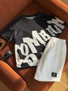 SHEIN 两件套儿童男童休闲街头大字母印花套头T恤和纯色短裤套装 - 黑色 - 查看 4