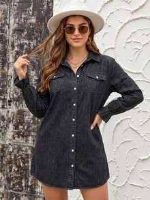 SHEIN LUNE Plus Size Front Button Washed Casual Versatile Long Sleeve Dress Long Sleeve Dress Winter Dresses For Women Thanksgiving Outfit Women New Years Women Outfit Winter Dresses Winter Clothes Women Rave Outfits - Dark Grey - View 2