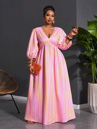 Slaydiva 2026 Spring Romantic Vacation V-Neck Puff Sleeve Striped Print A-Line Dress Lantern Sleeve Dress Curve Maxi Dress Striped Maxi Dress Maxi Long Sleeve Dress