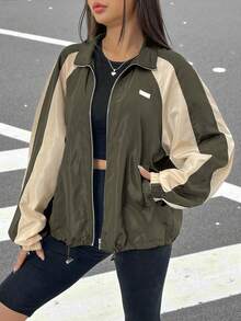 SHEIN EZwear 秋冬季撞色拼接插肩袖抽绳下摆拉链外套 - 軍綠色 - 查看 4