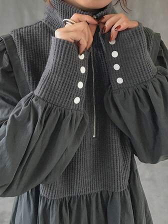 FRIFUL Vestido de mujer de unicolor con cuello alto, otoño